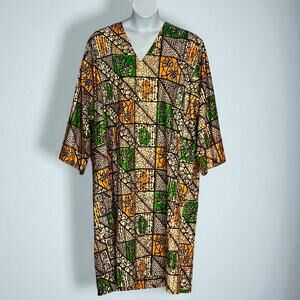 Vintage Colorful African Kaftan Dress Free Size Handmade Brown Gold Beautiful!